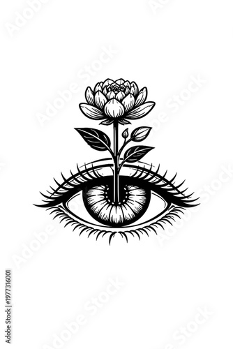 Black and white tattoo design of a surreal eye with a blooming flower iris and rising stem, blending botanical beauty with mystical vision symbolism