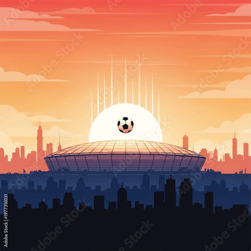 Minimalist cityscape silhouette with a large modern stadium dome integrated into the horizon, a soccer ball rising like a sun in the background. Dawn lighting, serene and hopeful mood. flat