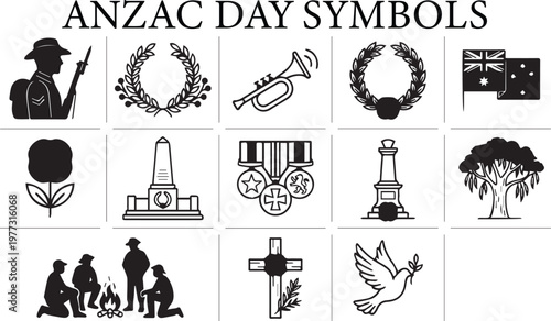 Black and white ANZAC Day symbols vector illustration with soldier poppy wreath flags and memorial icons