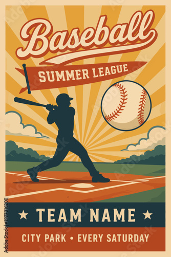 Vintage baseball summer tournament poster featuring a batter swinging at a large baseball on a sunny field, with retro typography and customizable team text. Bold sports flyer illustration ideal for l