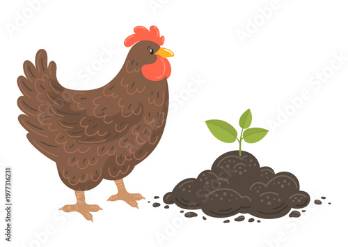 Chicken manure. Young plant growth from fertilizer soil. Farming and agriculture illustration.