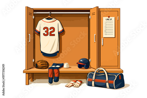 Organized baseball locker room illustration featuring uniform, helmet, glove, shoes, bat, duffel bag, and accessories neatly arranged in wooden cubbies