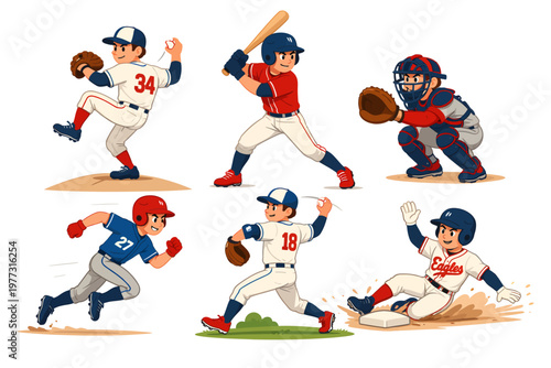 Set of baseball players in different action poses, including pitcher, batter, catcher, runner, fielder, and sliding athlete isolated on a light background