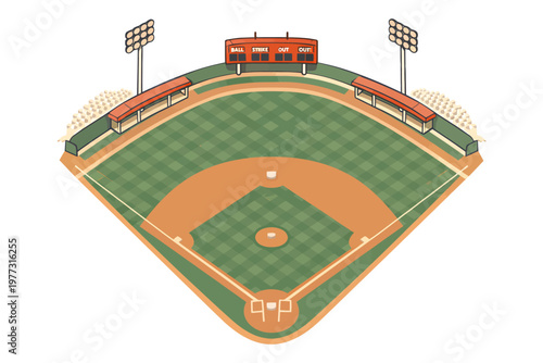 Isometric baseball stadium illustration with diamond field, scoreboard, floodlights, dugouts, and grandstands isolated on a light background