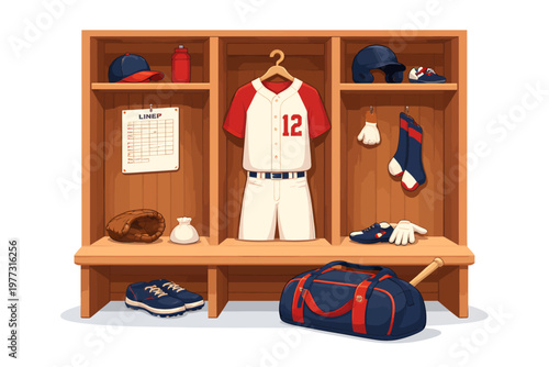 Organized baseball locker room illustration featuring uniform, helmet, glove, shoes, bat, duffel bag, and accessories neatly arranged in wooden cubbies