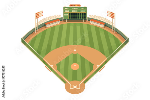 Isometric baseball stadium illustration with diamond field, scoreboard, floodlights, dugouts, and grandstands isolated on a light background