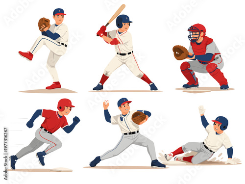 Set of baseball players in different action poses, including pitcher, batter, catcher, runner, fielder, and sliding athlete isolated on a light background
