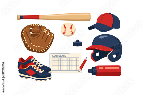 Set of baseball equipment and game icons in flat cartoon vector style, including glove, ball, bat, helmet, cap, cleat, bases, scoreboard, umpire mask, whistle, cone, and bench isolated on a light back