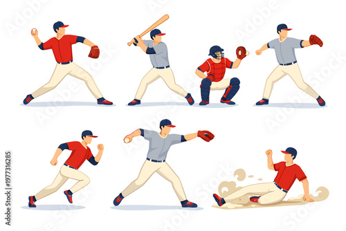 Set of baseball players in different action poses, including pitcher, batter, catcher, runner, fielder, and sliding athlete isolated on a light background