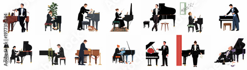 Collection of diverse illustrations featuring musicians and staff interacting with grand pianos, from playing and composing to cleaning and performing in formal attire.