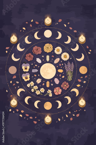 Mystical moon phase altar illustration with candles, crystals, flowers, and celestial symbols arranged in a sacred circular pattern on deep indigo fabric