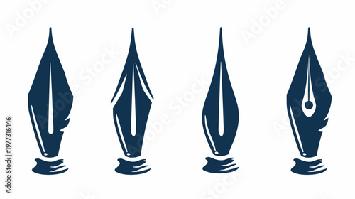 Four stylized, dark blue fountain pens are arranged side-by-side against a white background