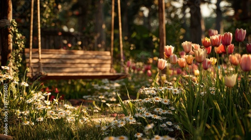 A sun-drenched garden scene. A wooden swing hangs near colorful flowers. Light filters through trees, creating a peaceful atmosphere