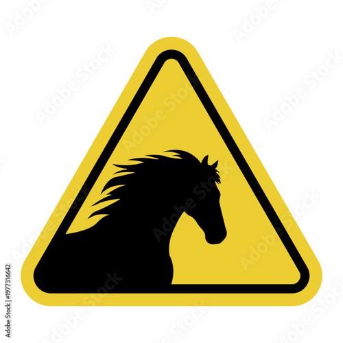 Horse. Yellow triangular warning sign. Warning near stables or rural areas. Potential horses on the road or property. Large animals nearby.