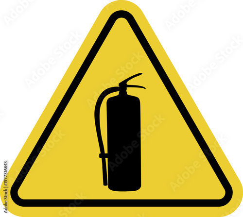 Fire extinguisher. Yellow warning sign. Indicates the location of the fire extinguisher. Increased fire safety. A yellow triangular sign with a black fire extinguisher symbol inside.