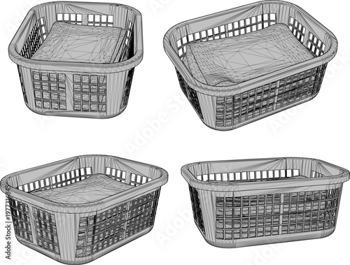 vector sketch illustration silhouette design 3d rendering of plastic basket for dirty clothes