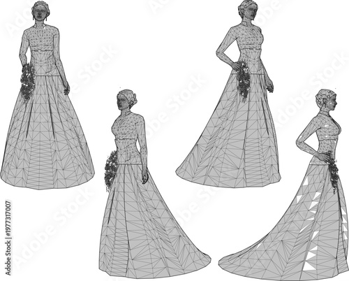 Vector sketch illustration silhouette design 3d rendering of wedding dress with flower bouquet decoration