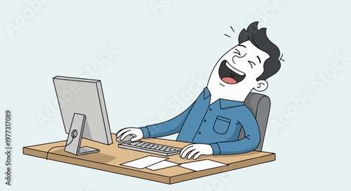 Man Laughing Hilariously While Working on Computer