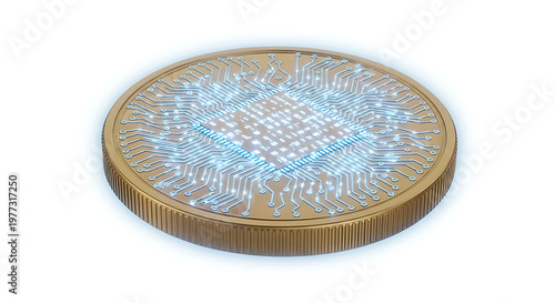 Abstract glowing coin with digital circuit pattern isolated crypto concept