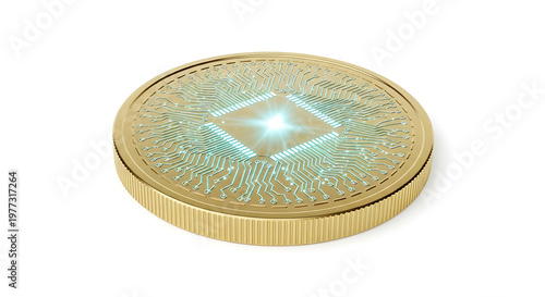 Abstract glowing coin with digital circuit pattern isolated crypto concept