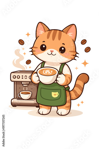 Cute kawaii barista cat vector illustration holding a hot cup of coffee beside an espresso machine, perfect for cafe branding, menu design, stickers, and mascot graphics