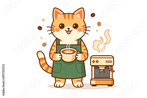 Cute kawaii barista cat vector illustration holding a hot cup of coffee beside an espresso machine, perfect for cafe branding, menu design, stickers, and mascot graphics