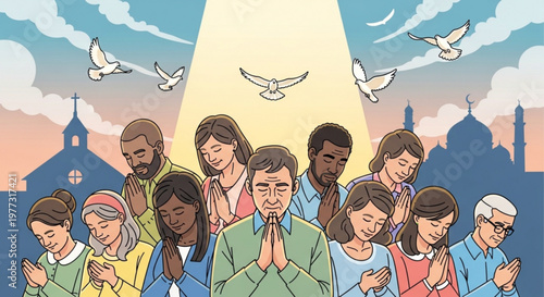 Diverse group of people praying together in harmony with doves flying above and church buildings in the background at sunset