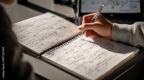 A hand, pen in hand, scribbles on a notebook overflowing with notes. Sunlight illuminates the scene, with a laptop in the background