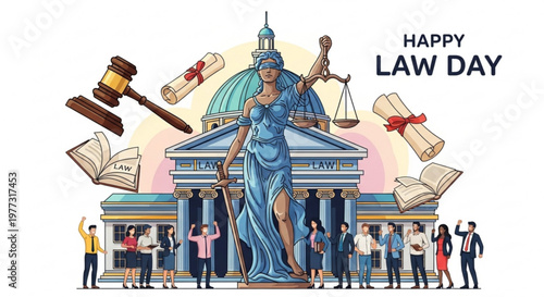 Justice statue in front of courthouse with people celebrating law day gavel scales and documents