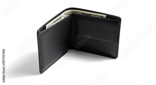 Premium black wallet with cash partially visible isolated concept