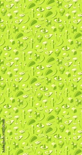 Vertical Subtle green on green background animation of Cinco de Mayo icons