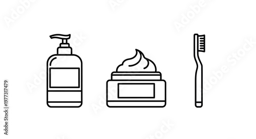 Bathroom essentials including lotion cream and toothbrush silhouette