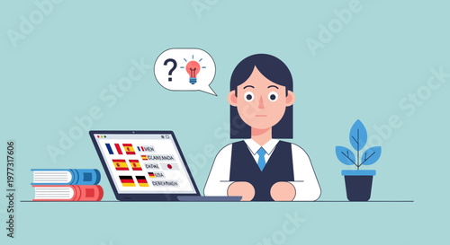 Online Language Learning Concept: Woman with Laptop, Flags, Books, Idea Bulb