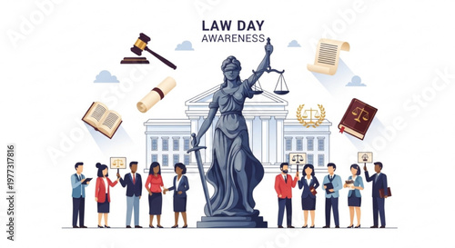 Law day awareness poster with people statue of justice gavel books and courthouse in background