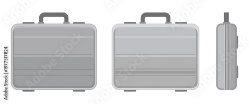 Metal suitcase set vector illustration showing durable luggage pieces isolated on white background for travel and packing design.