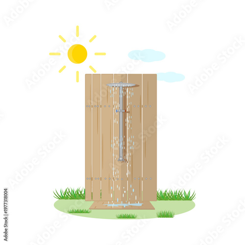 Outdoor shower in backyard. Summer outdoor wooden solar shower on green grass under sun. Rainwater harvesting for garden or beach shower enclosure. For garden, beach or swimming pool concept. Vector