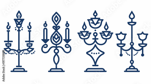 Set of 4 navy blue illustrated candelabras, diverse styles, lit candles, linear designs