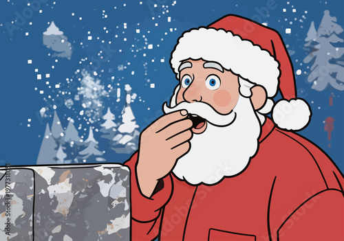Santa Claus Eating Food with Laptop in Snowy Night