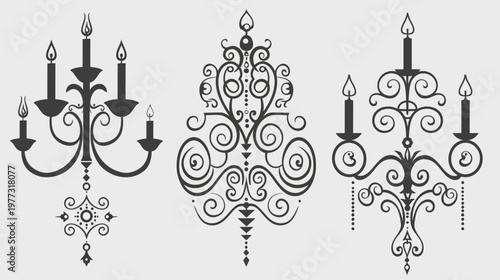 Three vintage-style chandelier vectors, silhouetted with ornate swirls and lit candles