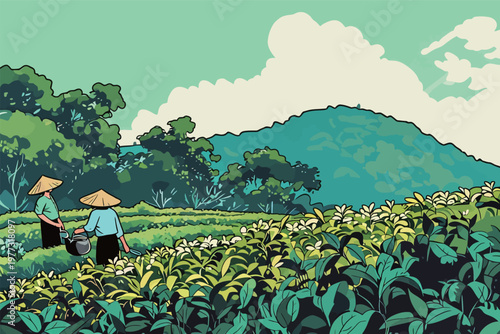 Two Women Wearing Conical Hats in Tea Plantation