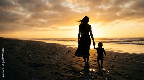 Silhouette of mother and child holding hands walking on the beach at sunset, Mother's Day and maternal love concept.