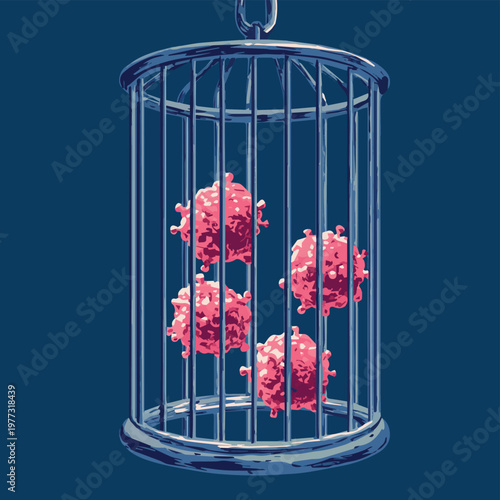 Conceptual illustration of viruses in a cage representing confinement and control in scientific research.