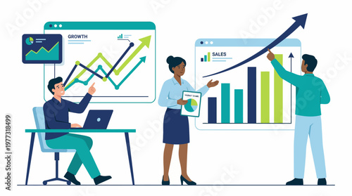 Business Data Analytics Growth Chart Flat Vector Team Illustration