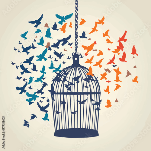 A symbolic representation of freedom with colorful birds escaping a cage, signifying liberation and hope.