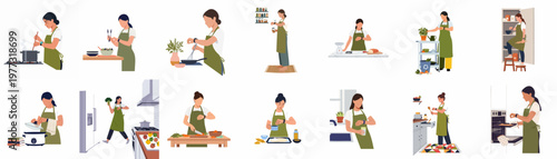 Flat vector collection of a woman in an apron managing various kitchen activities and meal prep while using a smartwatch.