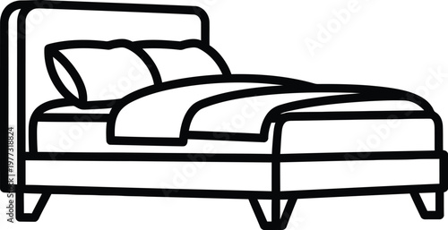 Minimalist line drawing of a bed with pillows and striped blanket
