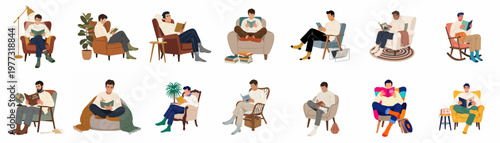 Collection of men relaxing and reading in comfortable armchairs, featuring cozy winter vibes, sweaters, and books in a flat illustration style.