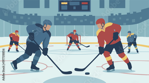 Ice hockey match with players battling for the puck on a stylized rink