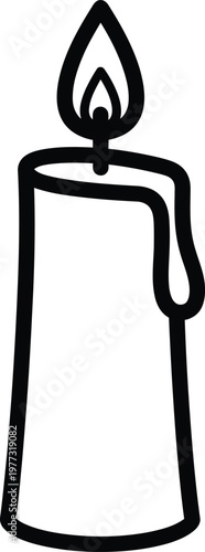 Simple black and white drawing of a lit candle with a curved wick
