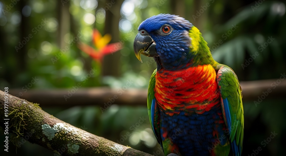 Obraz premium Colorful lorikeet parrot perched on branch in lush green jungle with blurred background.
